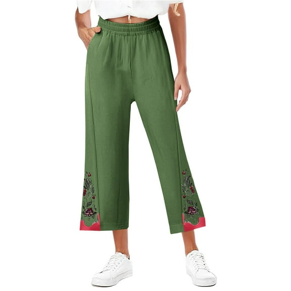 Women's Cotton Linen Printed Embroidered Wide-Leg Pants Elastic Waist Casual Palazzo Trousers with Pockets