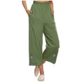 thumbnail image 1 of Women's Cotton Linen Printed Embroidered Wide-Leg Pants Elastic Waist Casual Palazzo Trousers with Pockets, 1 of 6