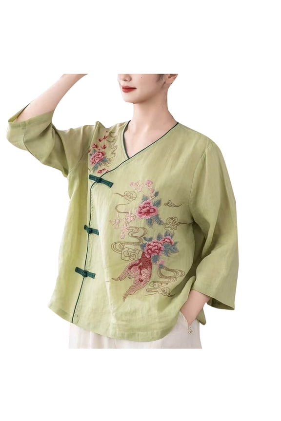 Women's Cotton Linen Retro Chinese Frog Button Tops Short Sleeve V Neck Wrap Shirts Vintage Floral Embroidered Blouse