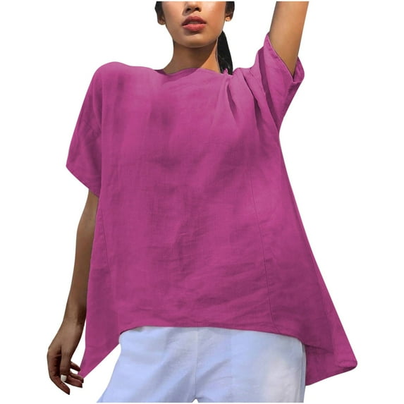 Women's Cotton Linen Round Collar Boxy Top Patchwork Blouses Basic Solid Loose Fit Tee Tops Summer Beach Casual Tee