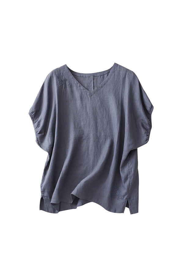 Women's Cotton Linen Round Collar Boxy Top Patchwork Blouses