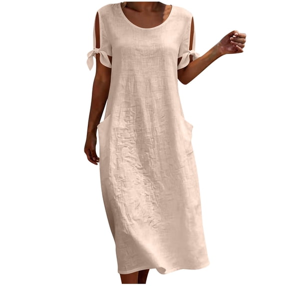 Women's Cotton Linen Round Neck Midi Dress Solid Color Short Sleeve Slit Tie Sleeve Casual Dress with Side Pockets Pink L(L)