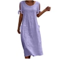 thumbnail image 1 of Women's Cotton Linen Round Neck Midi Dress Solid Color Short Sleeve Slit Tie Sleeve Casual Dress with Side Pockets Purple XL(XL), 1 of 7