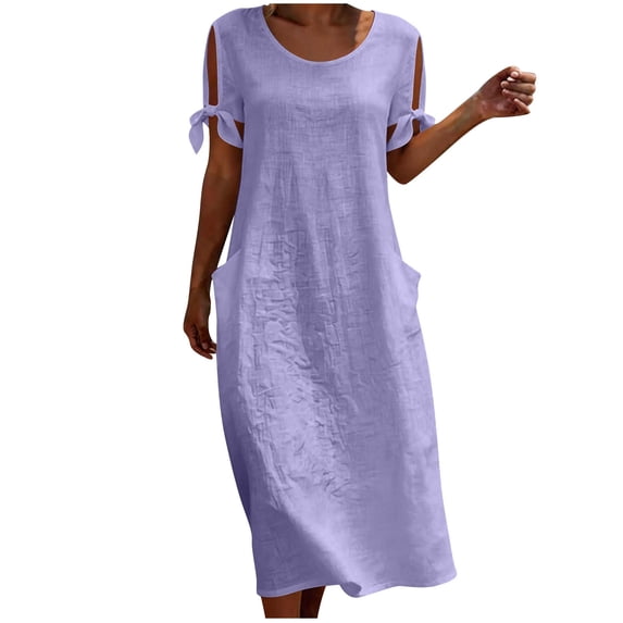 Women's Cotton Linen Round Neck Midi Dress Solid Color Short Sleeve Slit Tie Sleeve Casual Dress with Side Pockets Purple XL(XL)