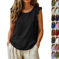 thumbnail image 1 of Women's Cotton Linen Ruffle Sleeve Tank Tops Summer Casual Round Neck Sleeveless Blouse (S,Black), 1 of 9