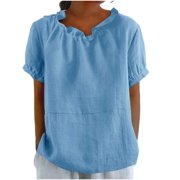 Women's Cotton Linen Ruffle Trim Blouses Summer Oversized Crew Neck Short Sleeve Shirts Cute Boho Beach Travel Tops Light Blue