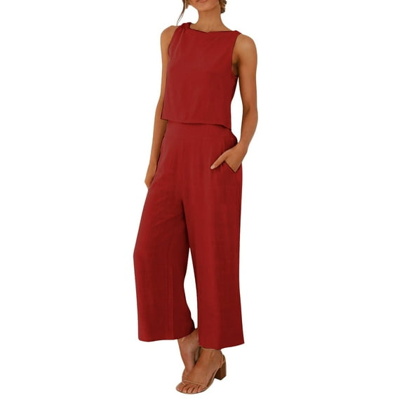 Women's Cotton Linen Set, Open Back Sleeveless Vest and Wide Leg Cropped Pants, Two Piece Outfit Set for Lounge Wear, Summer Outfits, Beach Cover Up and Casual Daily Wear-Wine