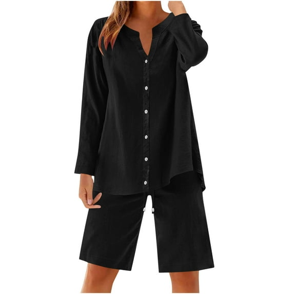 Women's Cotton Linen Set Plus Size Two Piece Outfits Button Down Long Sleeve Shirts Drawstring Shorts Lounge Sets, S