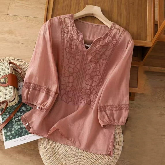 Women's Cotton Linen Shirt, 3/4 Sleeve V Neck Embroidered Blouse, Loose Fit Boho Chic Top for Casual Wear, Vacation, Spring and Summer Outfits-Red