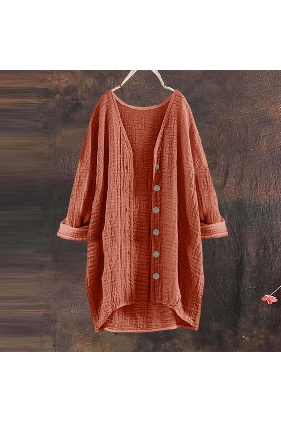 Women's Cotton Linen Shirt Button Jacket Vintage Long Sleeve Blouses Coat Top Spring Autumn Casual Wear Brown L