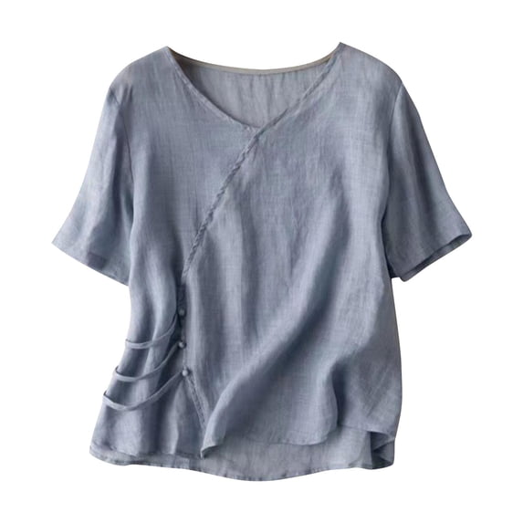 Women's Cotton Linen Shirt Cheongsam Blouse Dressy Casual Plain Short Sleeve Tops Lace Up Button Elegant Qipao Shirt