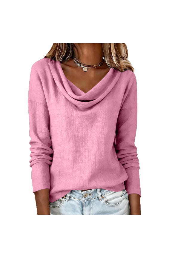 Women's Cotton Linen Shirt Cowl Blouses Summer Beach Boho Pullover Dressy Lightweight Oversized Tops with Breathable Fabric for Spring Summer Outfits Pink S