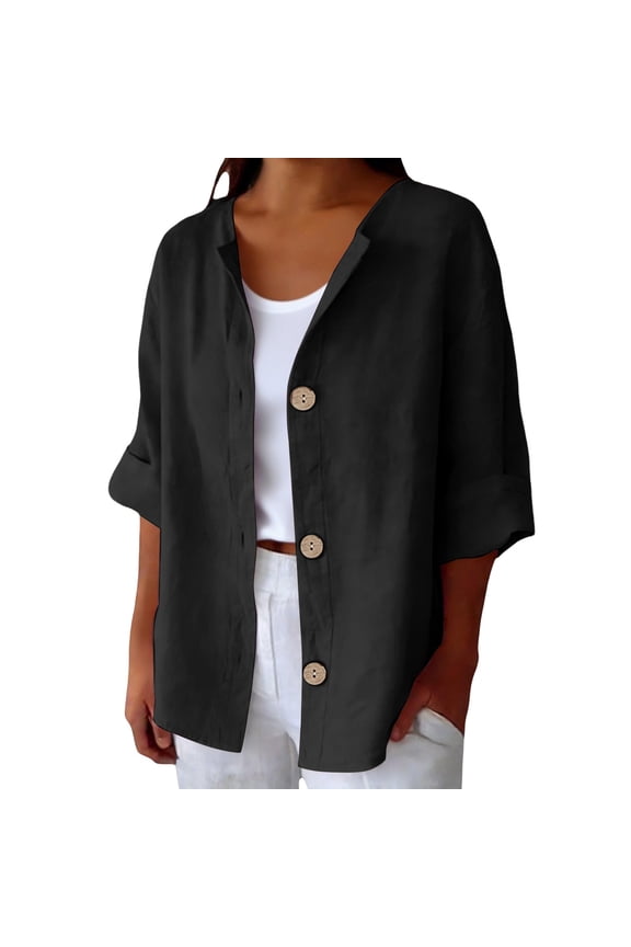 Women's Cotton Linen Shirt Crinkle Gauze Tops for Women 3/4 Sleeve Casual Loose Blouse Soft Breathable Comfort Top for Spring Summer Daily Wear by Gbobgt Black XXL