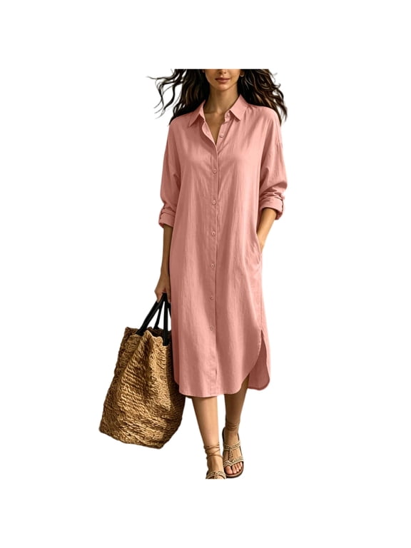 Women's Cotton Linen Shirt Dress, Casual Button Down Lapel Neck Maxi Dress, Loose Fit Side Split Midi Long Sundress