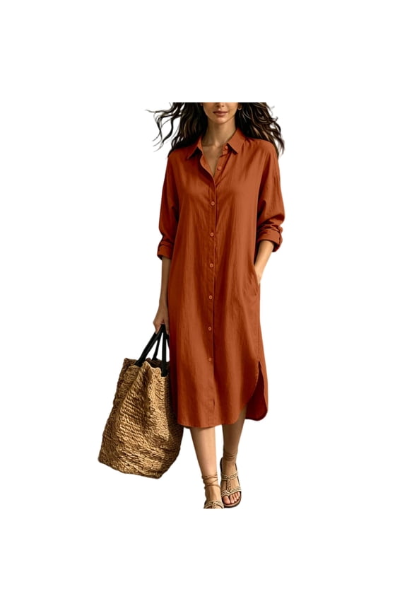Women's Cotton Linen Shirt Dress, Casual Button Down Lapel Neck Maxi Dress, Loose Fit Side Split Midi Long Sundress