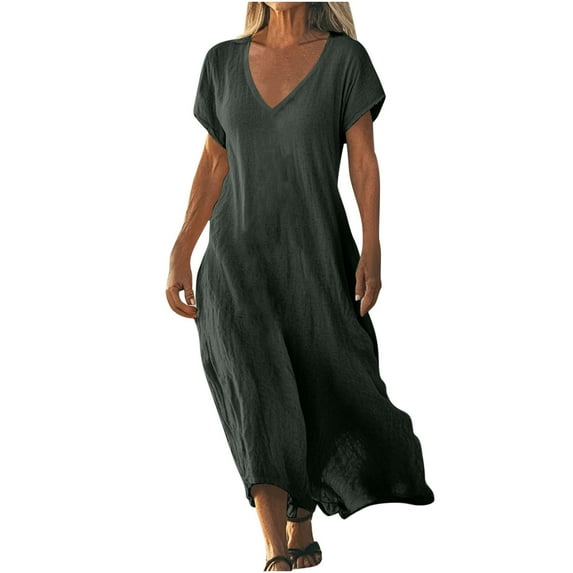 snilers Womens Short Sleeve Dress Casual Plus Size V Neck Maxi Dresses A Line Flowy Beach Sundress