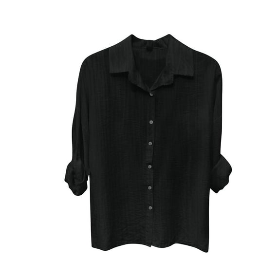 Women's Cotton Linen Shirt Long Sleeve Lapel Neck Oversized Button-Down Blouse - Summer Casual Top | Yubnlvae (Black | L)