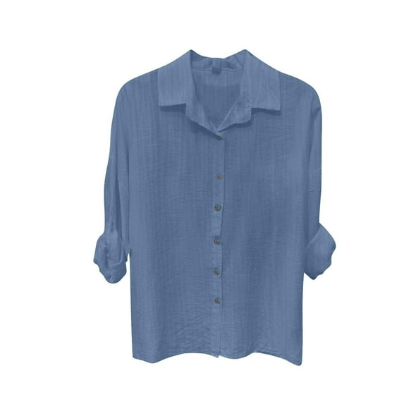 Women's Cotton Linen Shirt Long Sleeve Lapel Neck Oversized Button-Down Blouse - Summer Casual Top | Yubnlvae (Blue 1 | 5XL)