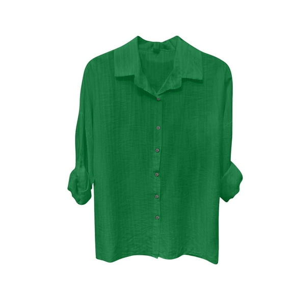 Women's Cotton Linen Shirt Long Sleeve Lapel Neck Oversized Button-Down Blouse - Summer Casual Top | Yubnlvae (Green | M)