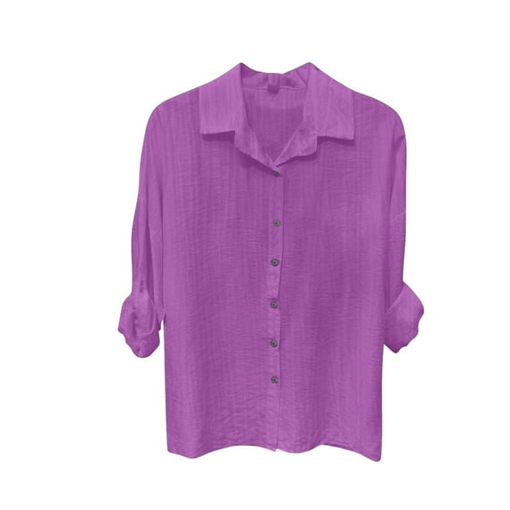 Women's Cotton Linen Shirt Long Sleeve Lapel Neck Oversized Button-Down Blouse - Summer Casual Top | Yubnlvae (Purple | 5XL)