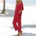 thumbnail image 1 of Women's Cotton Linen Shirt & Pants Set - Long Sleeve Solid Color Casual Suit, Xxl, Red, 1 of 9