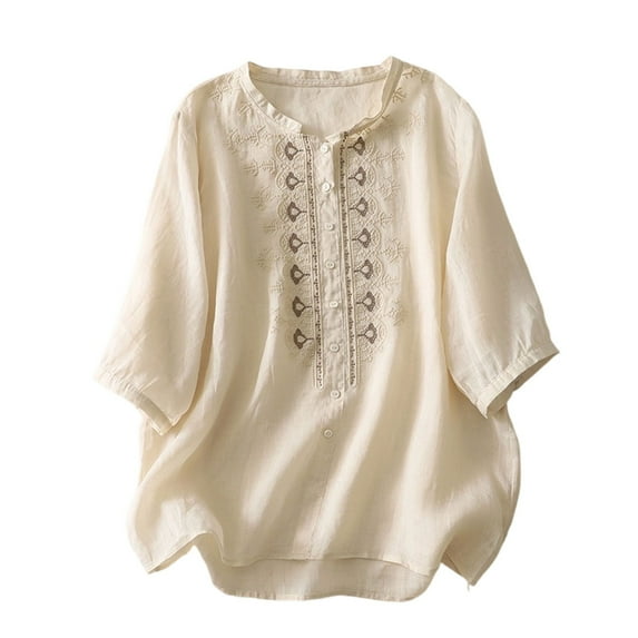 Women's Cotton Linen Shirts Button Up Half Sleeve Embroidered Trendy Casual Tops Travel Summer Beach Outfits (2XL, Beige)