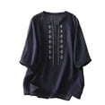 thumbnail image 1 of Women's Cotton Linen Shirts Button Up Half Sleeve Embroidered Trendy Casual Tops Travel Summer Beach Outfits (2XL, Navy), 1 of 7