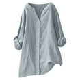 thumbnail image 1 of Women's Cotton Linen Shirts Plus Size V-Neck Solid Color Lightweight Long Sleeve Loose Button Blouse Tops with Pocket Gray S, 1 of 6