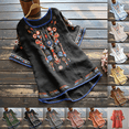 thumbnail image 1 of Women's Cotton Linen Shirts Short Sleeve Boho Round Neck Top Peasant Embroidered Mexican Style Tunic Festival Casual Loose T Shirt, 1 of 8