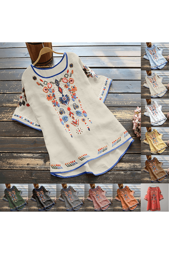 Women's Cotton Linen Shirts Short Sleeve Boho Round Neck Top Peasant Embroidered Mexican Style Tunic Festival Casual Loose T Shirt