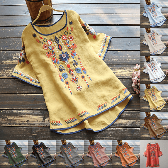 Women's Cotton Linen Shirts Short Sleeve Boho Round Neck Top Peasant Embroidered Mexican Style Tunic Festival Casual Loose T Shirt