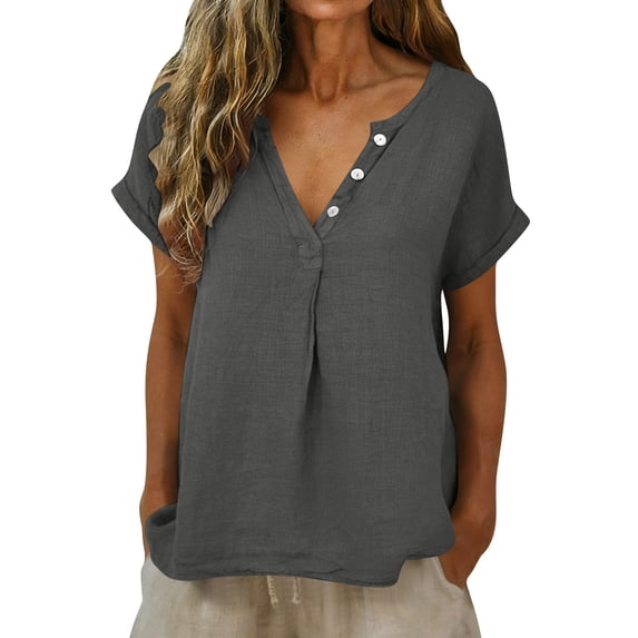 Women's Cotton Linen Shirts Short Sleeve Deep V Neck Button Down Casual Loose Fit Solid Color Basic Tees Gray