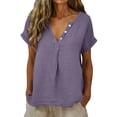 thumbnail image 1 of Women's Cotton Linen Shirts Short Sleeve Deep V Neck Button Down Casual Loose Fit Solid Color Basic Tees Purple, 1 of 8