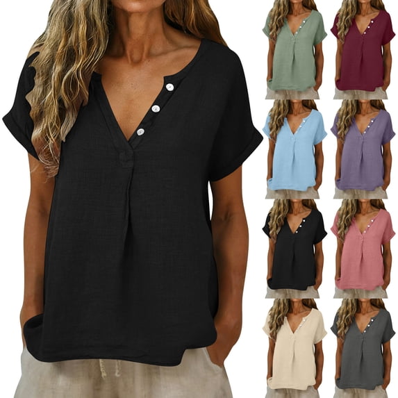 Women's Cotton Linen Shirts Short Sleeve Deep V Neck Button Down Casual Loose Fit Solid Color Basic Tees Wine