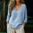 thumbnail image 1 of Women's Cotton Linen Shirts Summer Long Sleeve Shirts Casual V Neck Linen Blouses Loose Solid Tee Shirts Pullover, 1 of 6