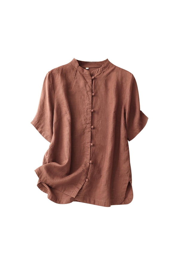 Women's Cotton Linen Shirts Summer Short Sleeve Mandarin Collar Chinese Frog Button Down Tops Loose Vintage Blouses