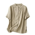 thumbnail image 1 of Women's Cotton Linen Shirts Summer Short Sleeve Mandarin Collar Chinese Frog Button Down Tops Loose Vintage Blouses, 1 of 5
