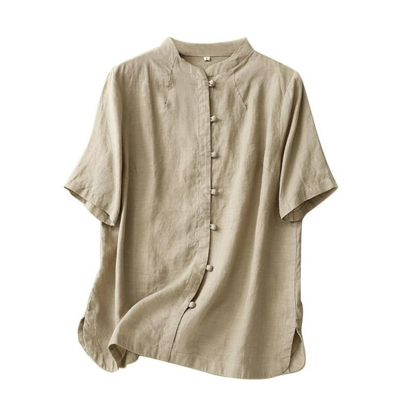 Women's Cotton Linen Shirts Summer Short Sleeve Mandarin Collar Chinese Frog Button Down Tops Loose Vintage Blouses