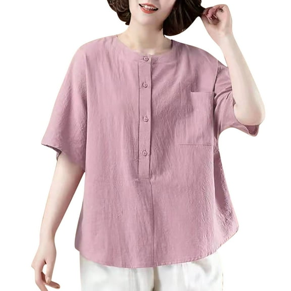 Women's Cotton Linen Shirts with Pocket Crew Neck Button down Tops Summer Casual Short Sleeve Plus Size Blouses (3XL, Pink)