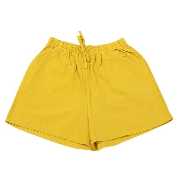 ZQUUVOU Women's Cotton Linen Short Drawstring Solid Color With Pocket Casual Shorts Yellow
