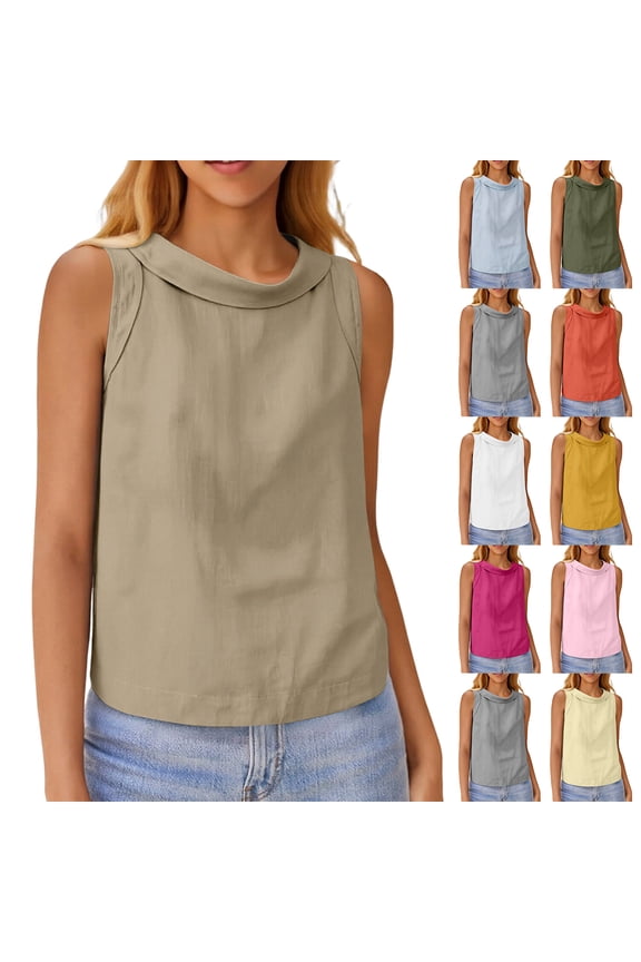 Women's Cotton Linen Short Pullover Casual Sleeveless Top Light Blue XL