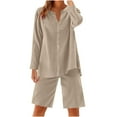 thumbnail image 1 of Women's Cotton Linen Short Sets 2 Piece Long Sleeve Button V Neck Top and Short Vacation Two Piece Outfits, 1 of 8