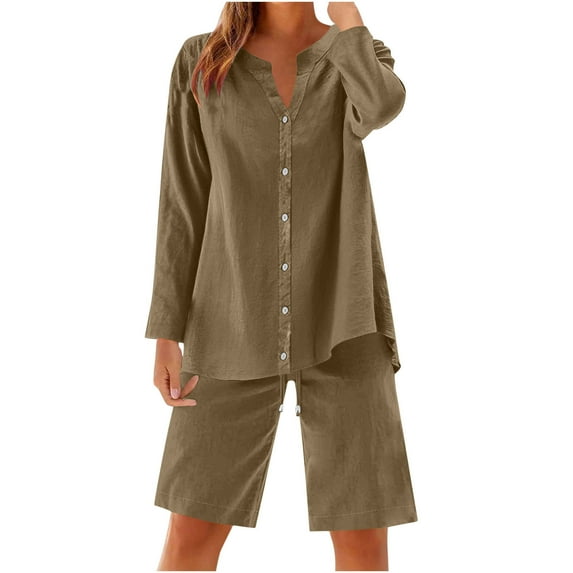Women's Cotton Linen Short Sets 2 Piece Long Sleeve Button V Neck Top and Short Vacation Two Piece Outfits