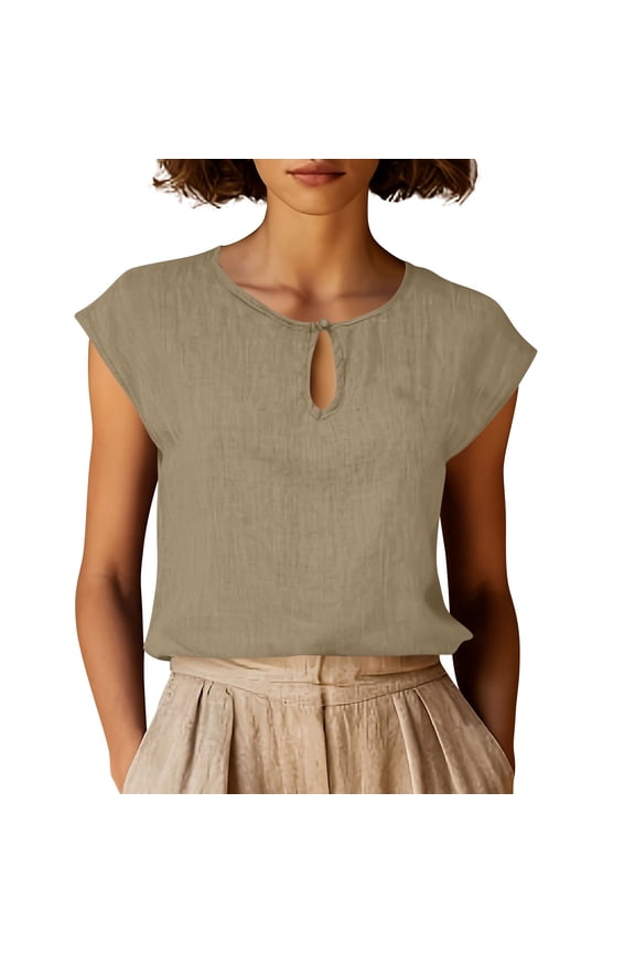 Women's Cotton Linen Short Sleeve Blouse Keyhole Neck Shirts Frog Button Loose Fit Summer Basic Crew Neck Top Casual by Awwp Khaki L