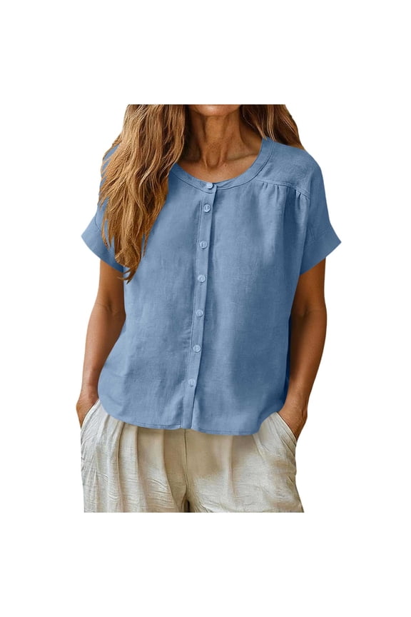 Women's Cotton Linen Short Sleeve Blouse Summer Loose Fit Button Down Pleated Shirts Casual Plain Daily Wear Tops Light Blue