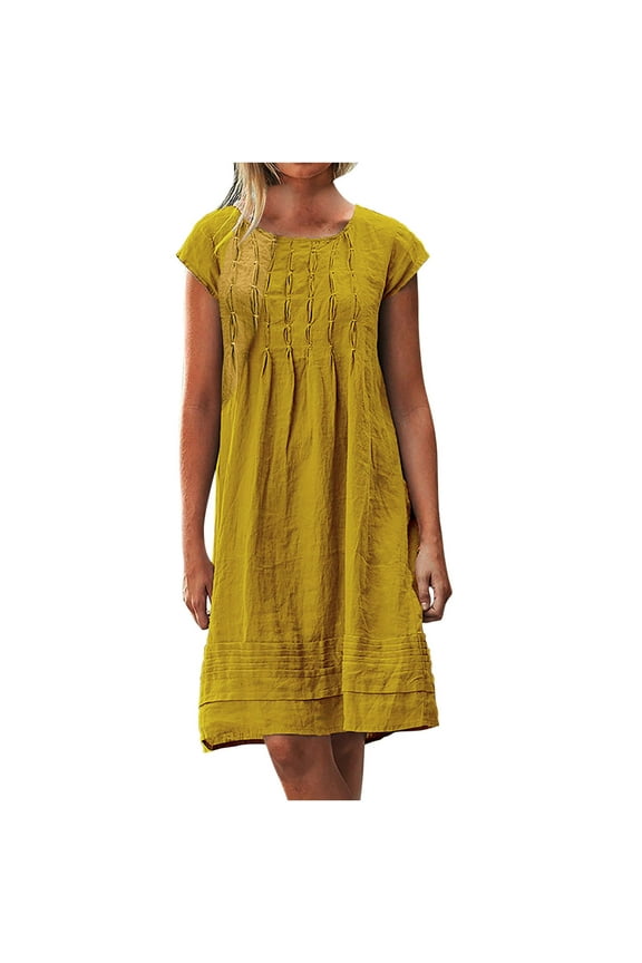 Women's Cotton Linen Short Sleeve Tshirt Dress Crewneck Solid Color Casual Loose Knee Length Dress Summer Comfy Dress