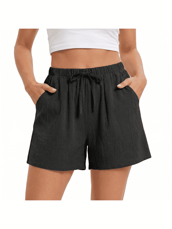 Women's Cotton Linen Shorts, Elastic Waist Drawstring Casual Summer Shorts with Pockets, Relaxed Fit Breathable Beach Lounge Shorts for Women