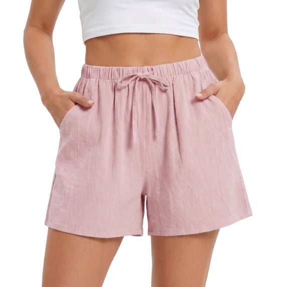 Women's Cotton Linen Shorts, Elastic Waist Drawstring Casual Summer Shorts with Pockets, Relaxed Fit Breathable Beach Lounge Shorts for Women