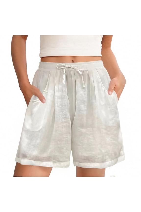 Women's Cotton Linen Shorts with Pockets Drawstring Elastic Lightweight Comfy Lounge Beach Short Plus Size (3XL, White)