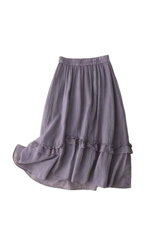 Women's Cotton Linen Skirt Elastic Waisted Ruffle Tiered Midi Skirts Summer Solid Color Vacation Flowy Boho Skirt